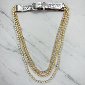Faux Pearl Beaded Chain Belt Silver Metallic Faux Leather Medium (M) ✨